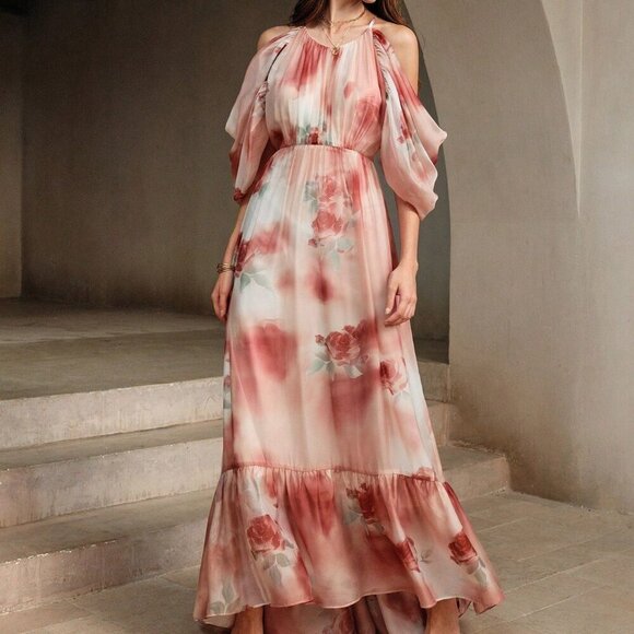 Multicolor Boho Women's Beach Style Silk Halter Neck Drop-Shoulder Floral Dress - Picture 6 of 7